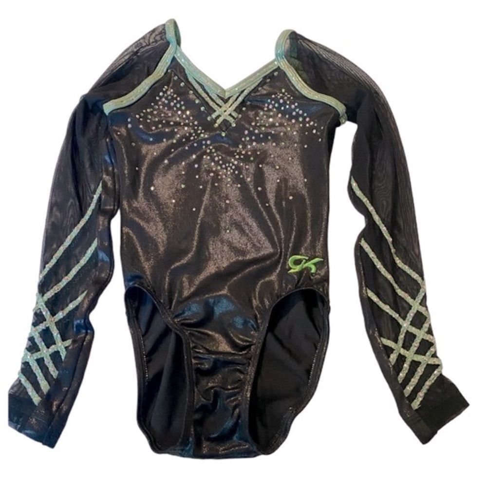 GK elite custom gymnastics competition leotard long sleeve rhinestones mesh LC
